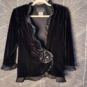 Alex Evenings Black Velvet Rhinestone‎ Flower Formal Jacket Womens Small
